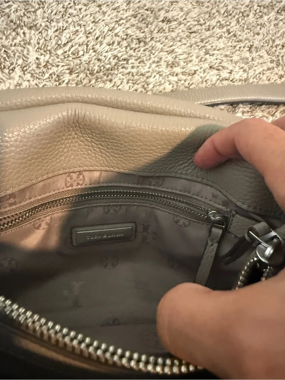 Tory Burch Pebbled Gray Leather Chain-Handle Shoulder Bag